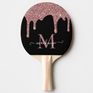 Black Rose Gold Sparkle Glitter Drips Monogram Ping Pong Paddle