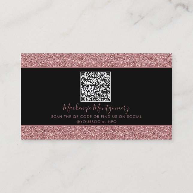 Black Rose Gold Sparkle Glitter Drips QR Code Business Card (Back)