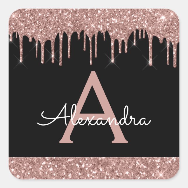 Black Rose Gold Sparkle Glitter Monogram Square Sticker (Front)