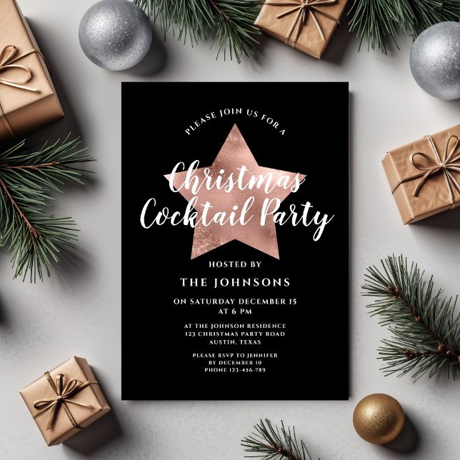Black Rose Gold Star Christmas Cocktail Party Invitation (Black Rose Gold Star Christmas Cocktail Party Invitation)