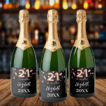 Black rose gold stars 21st birthday sparkling wine label<br><div class="desc">A classic black background decorated with rose gold stars. Personalize and add a date,  name and year of birth.  Age number written with a balloon style font.</div>