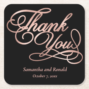 Black & Rose Gold Thank You Calligraphy Wedding Square Paper Coaster