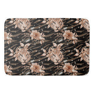 Black Rose Gold Tiger Floral Bath Mat