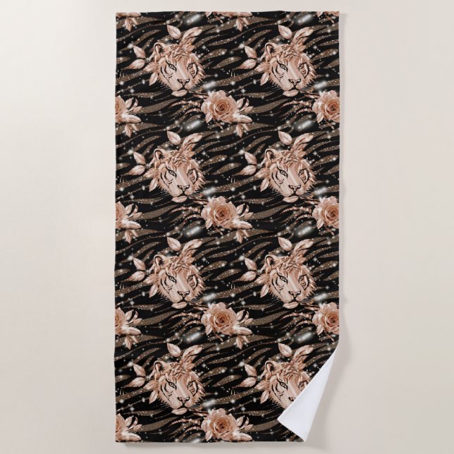 Black Rose Gold Tiger Floral Beach Towel (Front)