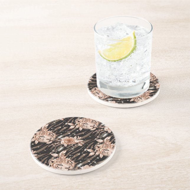 Black Rose Gold Tiger Floral Coaster (Side)