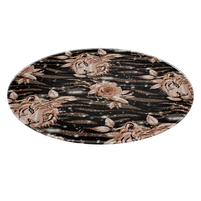 Black Rose Gold Tiger Floral Cutting Board (Corner)