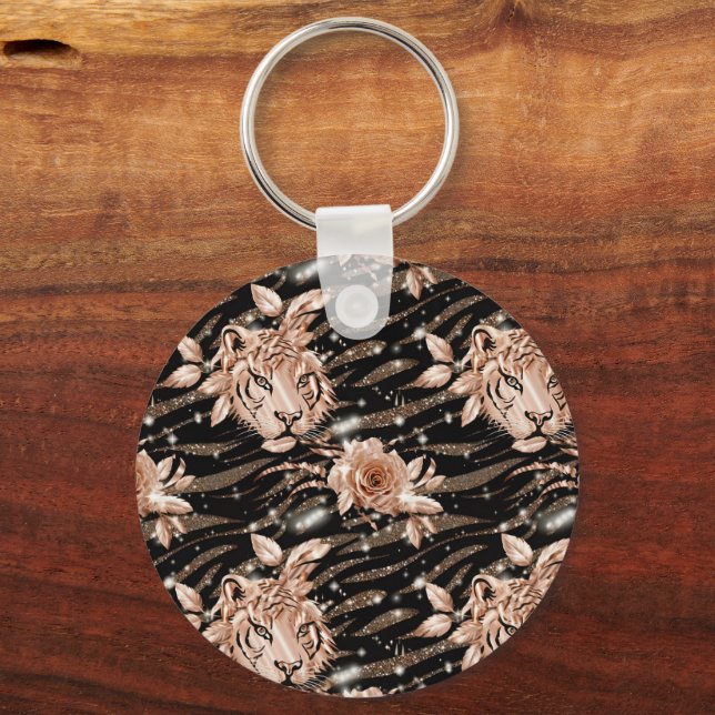 Black Rose Gold Tiger Floral Keychain (Front)