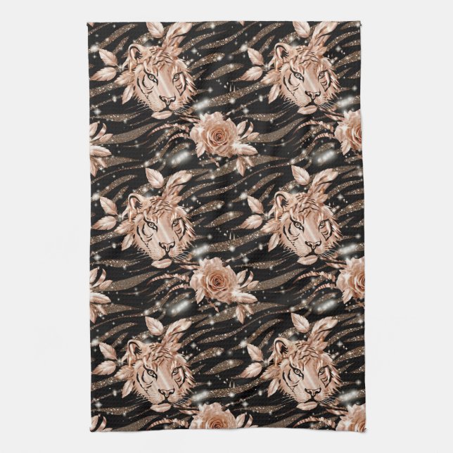 Black Rose Gold Tiger Floral Kitchen Towel (Vertical)