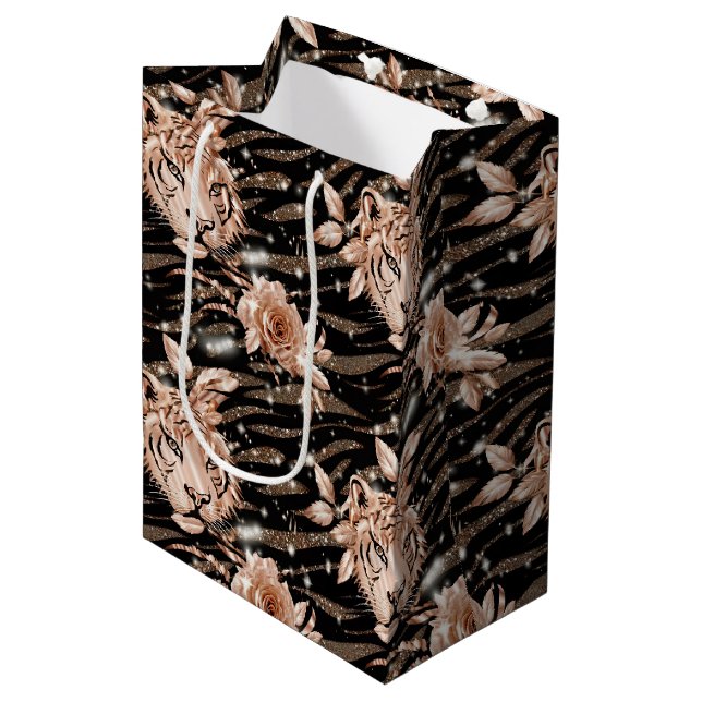 Black Rose Gold Tiger Floral Medium Gift Bag (Front Angled)