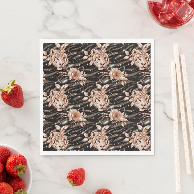 Black Rose Gold Tiger Floral Napkin (Insitu)