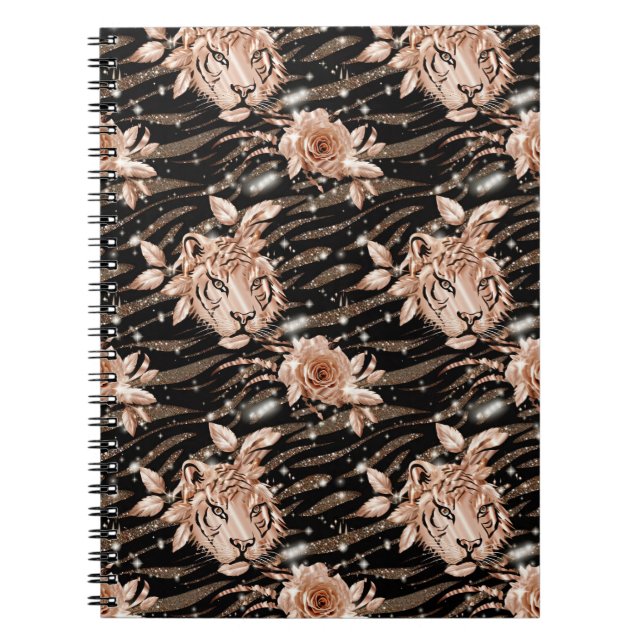 Black Rose Gold Tiger Floral Notebook (Front)