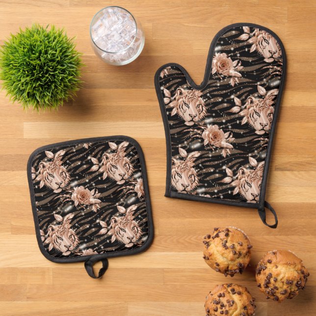 Black Rose Gold Tiger Floral Oven Mitt & Pot Holder Set (Top Down)