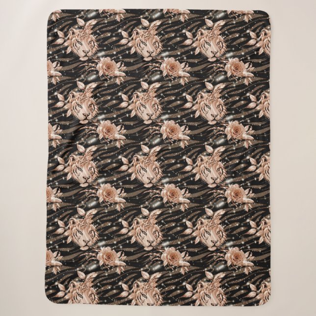 Black Rose Gold Tiger Floral Sherpa Blanket (Front)