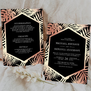 Black Rose Gold Tropical Palm All in One Wedding Invitation