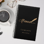 Black rose gold typography 2025 planner<br><div class="desc">A chic black background,  decorated with a feather pen.  Personalize and add a name and year.  Golden text: Planner</div>