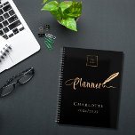 Black rose gold typography business logo 2025 planner<br><div class="desc">A chic black background,  decorated with a feather pen.  Personalize and add your business,  company logo,  name and year.  Golden text: Planner</div>