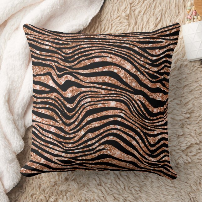 Black Rose Gold Zebra Glitter Throw Pillow (Blanket)