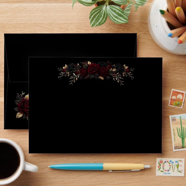Black Rose Gothic Wedding Envelope Liner (Desk)
