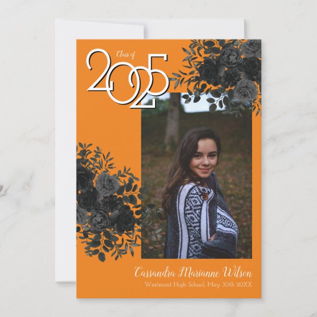 Black Rose Orange School Colors Graduation Invitation (Front)