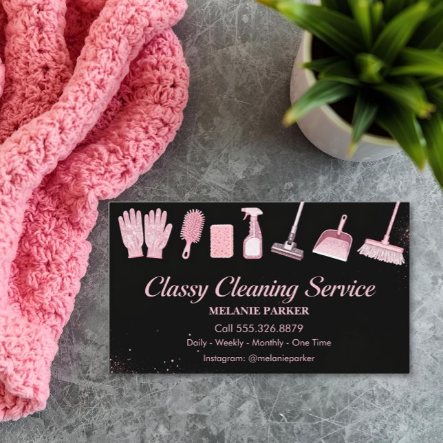 Black & Rose pink Glitter Classy Cleaning Services Business Card (Creator Uploaded)