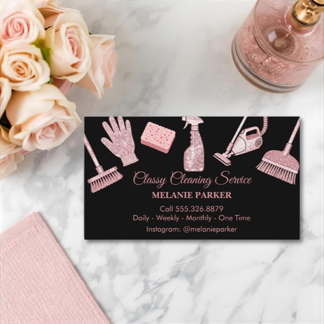 Black & Rose pink Glitter Classy Cleaning Services Business Card (Creator Uploaded)