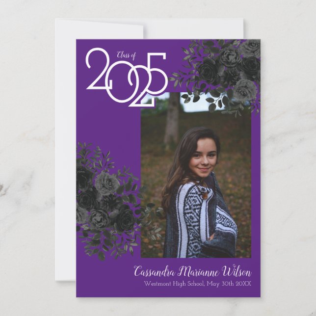 Black Rose Purple Gothic Graduation Announcement (Front)