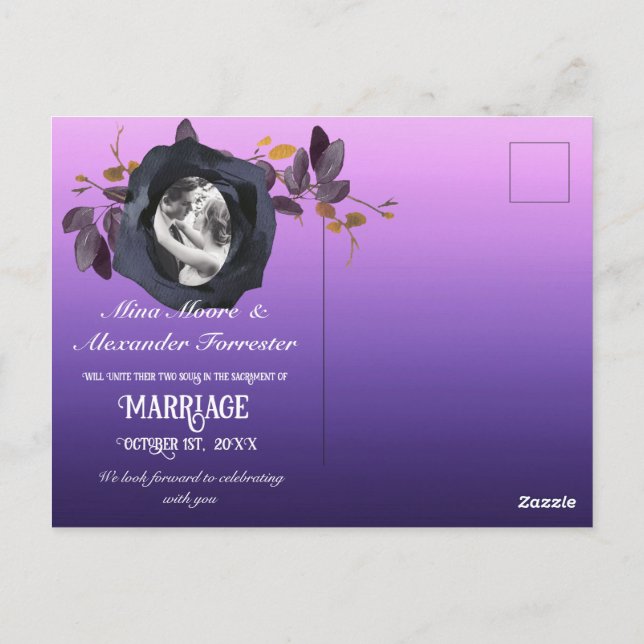 Black Rose Purple Photo Save Our Date Postcard (Back)