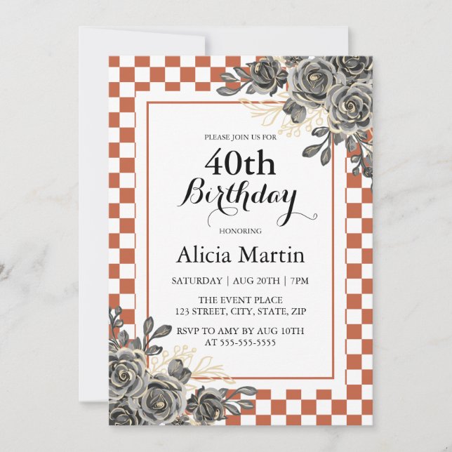 Black Rose Rust & White Chequered Birthday  Invitation (Front)