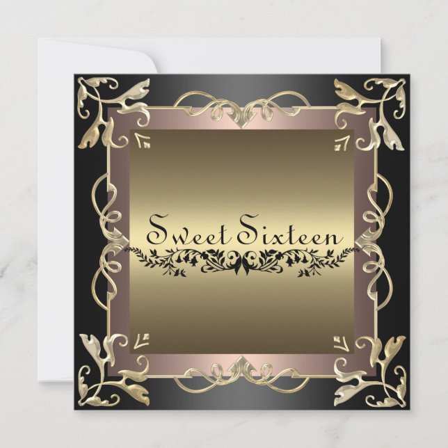 Black & Rose Swirl Sweet 16 Birthday Invitation (Front)