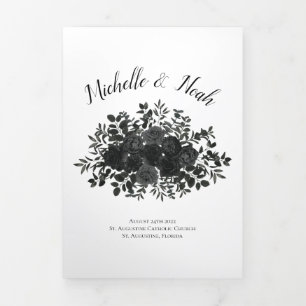 Black Rose White Gothic Wedding Tri-Fold Programme