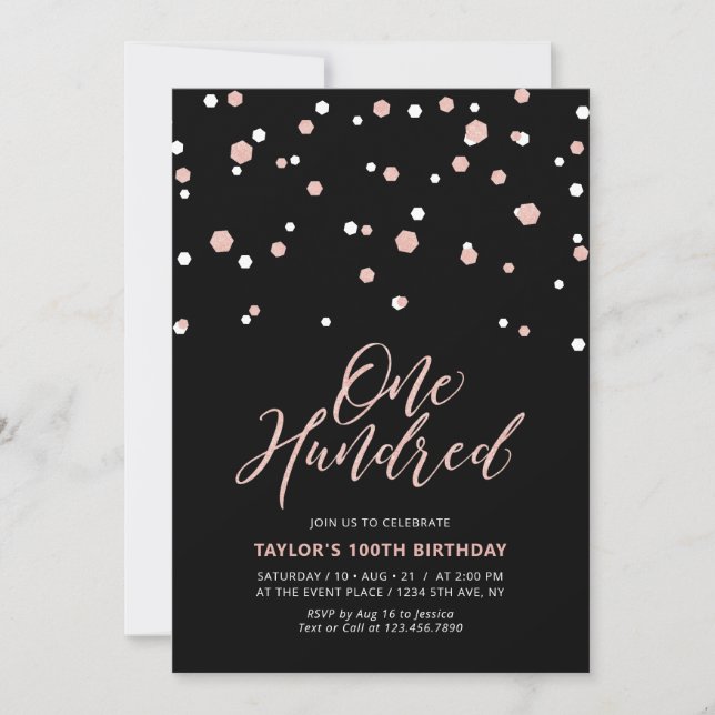 Black RoseGold Simple Hundred 100th Birthday Party Invitation (Front)