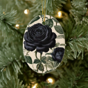 Black Roses And Green Leaves,  Ceramic Ornament