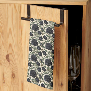 Black Roses And Green Leaves, Kitchen Towel