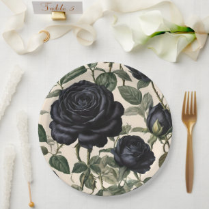Black Roses And Green Leaves, Paper Plate