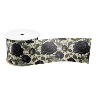 Black Roses And Green Leaves,  Satin Ribbon