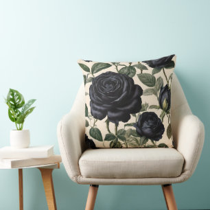 Black Roses And Green Leaves,  Throw Pillow