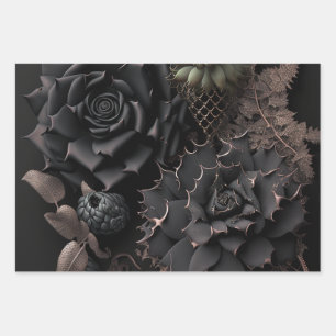 Black Roses and Succulents Goth and Bohemian Wrapping Paper Sheet