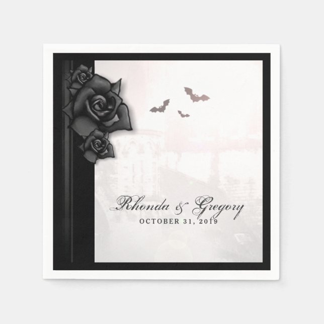Black Roses & Bats Gothic Halloween Wedding Napkin (Front)
