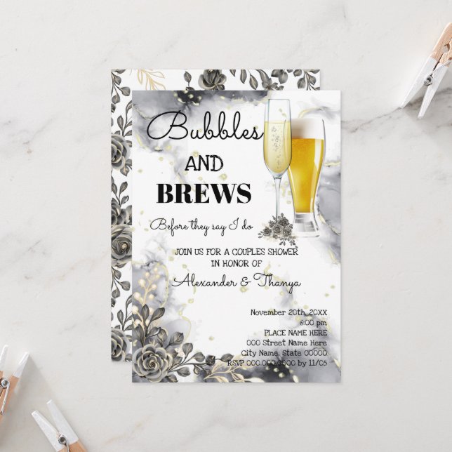 Black Roses Bubble & Brews Couples Shower Invitation (Front/Back In Situ)