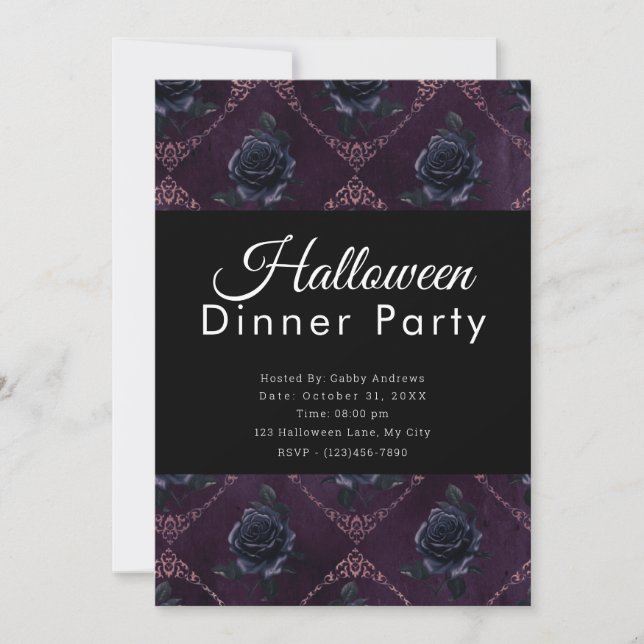 Black Roses Dark Purple Halloween Dinner Party Invitation (Front)