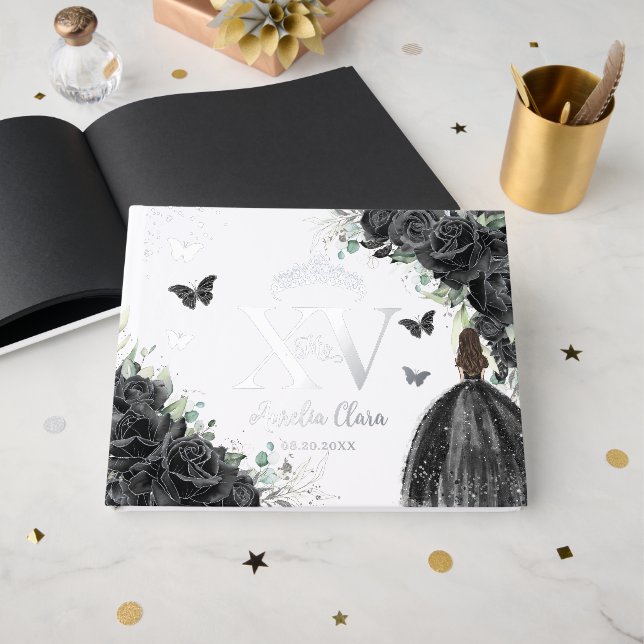 Black Roses Dress Butterflies Silver Quinceañera  Guest Book (Front Open)