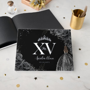 Black Roses Floral Girl Dress Silver Quinceañera Guest Book