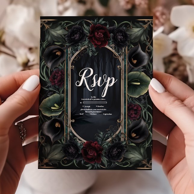 Black Roses Floral Gothic Halloween Wedding RSVP Card (Creator Uploaded)