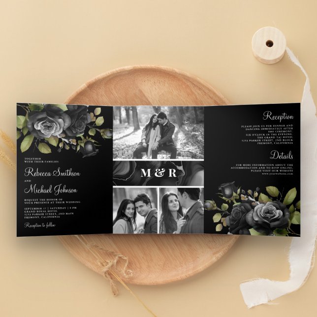 Black Roses Floral Photo Collage Gothic Wedding Tri-Fold Invitation (Creator Uploaded)