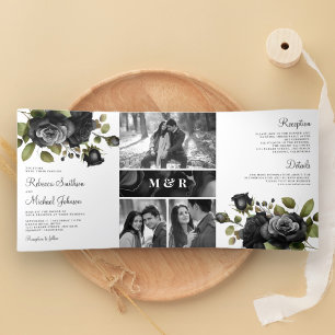 Black Roses Floral Photo Collage White Wedding Tri-Fold Invitation