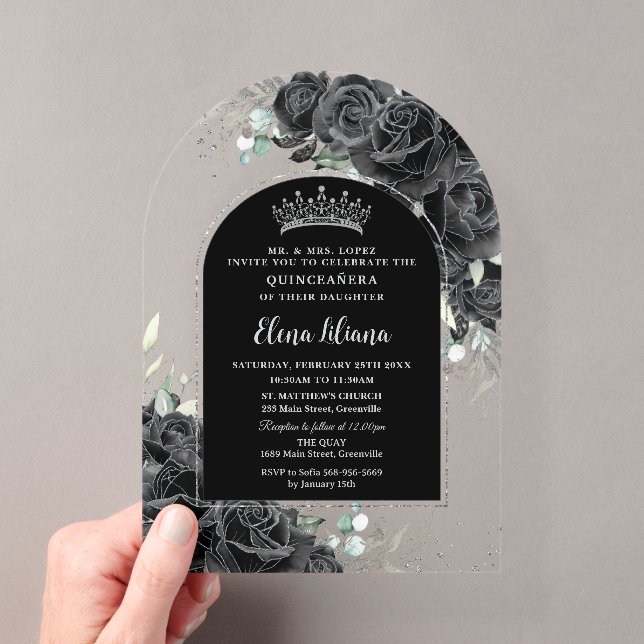 Black Roses Floral Silver Quinceanera Sweet 16  Acrylic Invitations (Insitu (Handheld))
