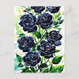 Black Roses Flowers Goth Art Watercolor Painting Postcard