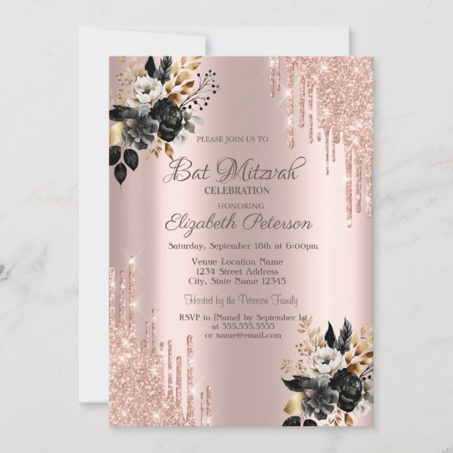 Black Roses Glitter Drips Rose Gold Bar Mitzvah Invitation (Front)