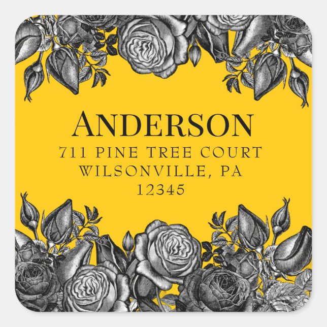 Black Roses Goldenrod Square Return Address Square Sticker (Front)