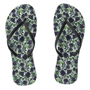 Black roses, green leaves watercolor pattern flip flops